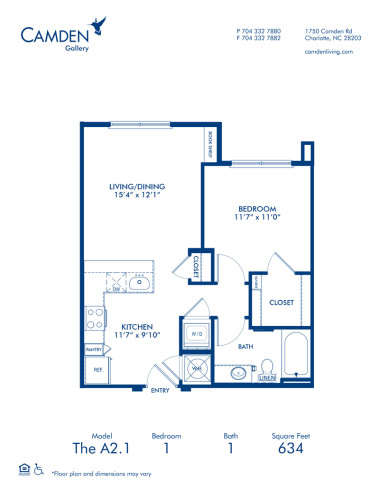Blueprint of A2.1 Floor Plan, 1 Bedroom and 1 Bathroom at Camden Gallery Apartments in Charlotte, NC