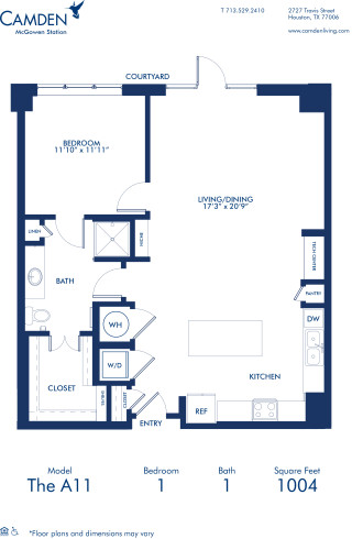 Blueprint of A11 Floor Plan at Camden McGowen Station One Bedroom Apartments in Midtown Houston