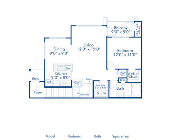 Blueprint of Kentia Floor Plan, 1 Bedroom and 1 Bathroom at Camden Royal Palms Apartments in Brandon, FL