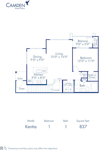 Blueprint of Kentia Floor Plan, 1 Bedroom and 1 Bathroom at Camden Royal Palms Apartments in Brandon, FL