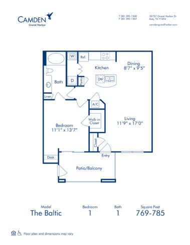 Blueprint of The Baltic Floor Plan, 1 Bedroom and 1 Bathroom at Camden Grand Harbor  Apartments in Katy, TX