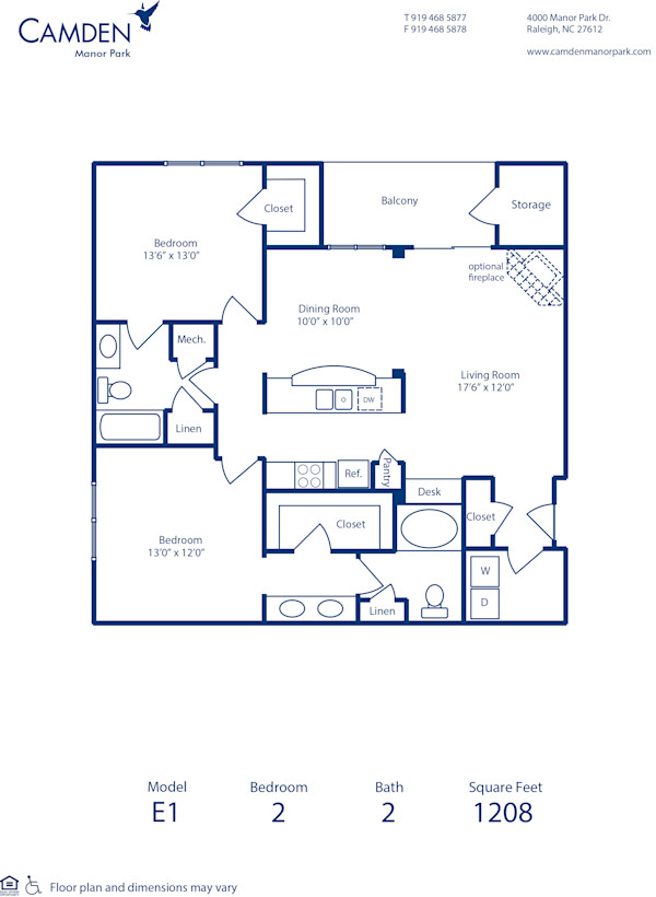 Blueprint of E1 Floor Plan, 2 Bedrooms and 2 Bathrooms at Camden Manor Park Apartments in Raleigh, NC