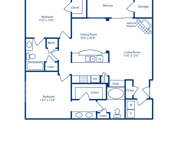 Blueprint of E1 Floor Plan, 2 Bedrooms and 2 Bathrooms at Camden Manor Park Apartments in Raleigh, NC