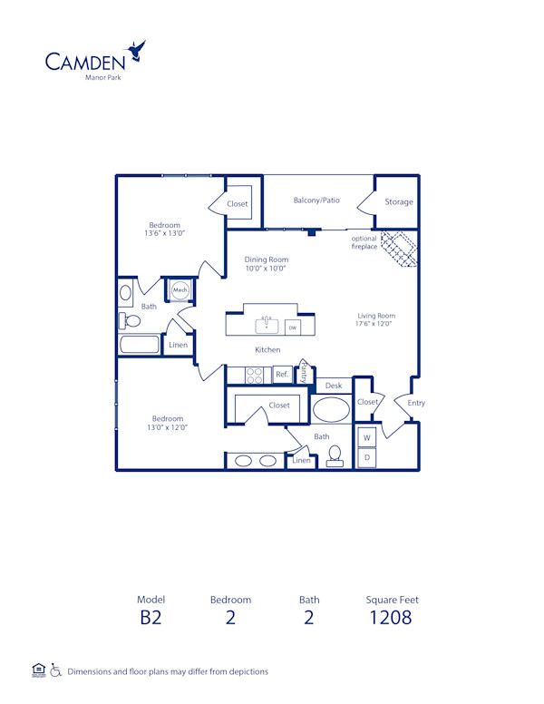 Blueprint of B2 Floor Plan, 2 Bedrooms and 2 Bathrooms at Camden Manor Park Apartments in Raleigh, NC