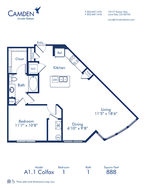 Blueprint of Colfax Floor Plan, 1 Bedroom and 1 Bathroom at Camden Lincoln Station Apartments in Lone Tree, CO