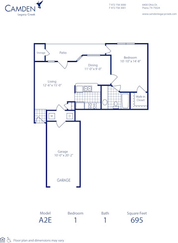 Blueprint of A2E Floor Plan, 1 Bedroom and 1 Bathroom at Camden Legacy Creek Apartments in Plano, TX