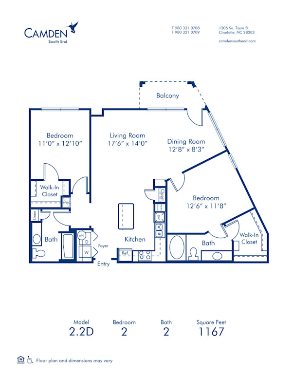 Blueprint of 2.2D Floor Plan, 2 Bedrooms and 2 Bathrooms at Camden South End Apartments in Charlotte, NC