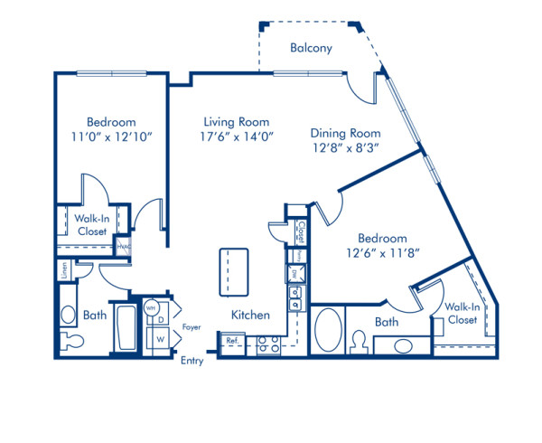 Blueprint of 2.2D Floor Plan, 2 Bedrooms and 2 Bathrooms at Camden South End Apartments in Charlotte, NC