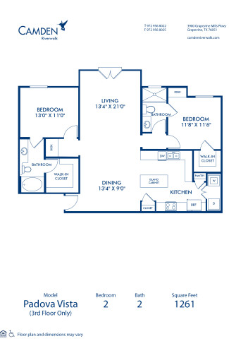 Blueprint of Padova Vista Floor Plan, 2 Bedrooms and 2 Bathrooms at Camden Riverwalk Apartments in Grapevine, TX