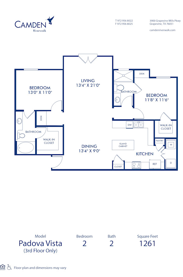 Blueprint of Padova Vista Floor Plan, 2 Bedrooms and 2 Bathrooms at Camden Riverwalk Apartments in Grapevine, TX