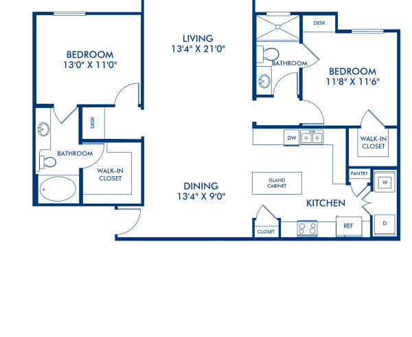 Blueprint of Padova Vista Floor Plan, 2 Bedrooms and 2 Bathrooms at Camden Riverwalk Apartments in Grapevine, TX