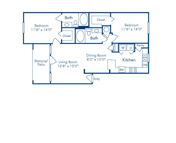 Blueprint of D Floor Plan, 2 Bedrooms and 2 Bathrooms at Camden Huntingdon Apartments in Austin, TX