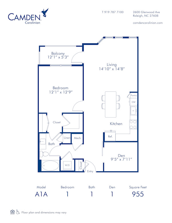 Blueprint of the A1A One Bedroom, One Bathroom Floor Plan at Camden Carolinian Apartments in Raleigh, NC