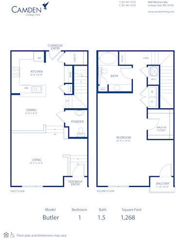 Blueprint of Butler Floor Plan, 1 Bedroom and 1.5 Bathrooms at Camden College Park Apartments in College Park, MD