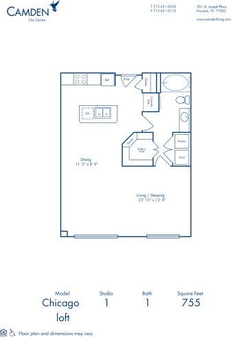 Blueprint of Chicago Floor Plan, Studio with 1 Bathroom at Camden City Centre Apartments in Houston, TX