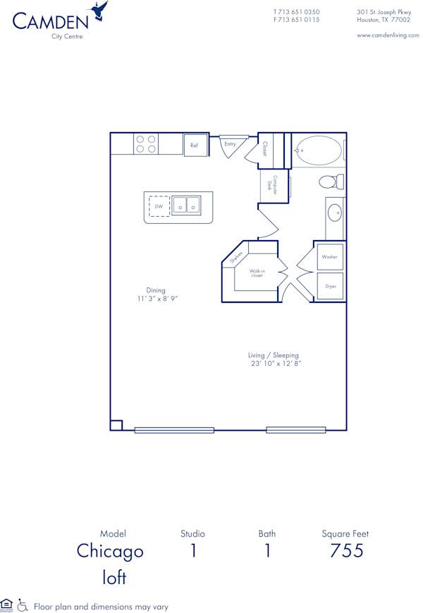 Blueprint of Chicago Floor Plan, Studio with 1 Bathroom at Camden City Centre Apartments in Houston, TX