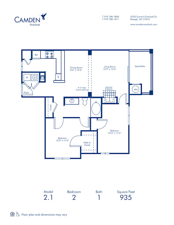 Blueprint of 2.1 Floor Plan, 2 Bedrooms and 1 Bathroom at Camden Overlook Apartments in Raleigh, NC