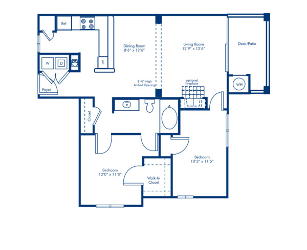 Blueprint of 2.1 Floor Plan, 2 Bedrooms and 1 Bathroom at Camden Overlook Apartments in Raleigh, NC