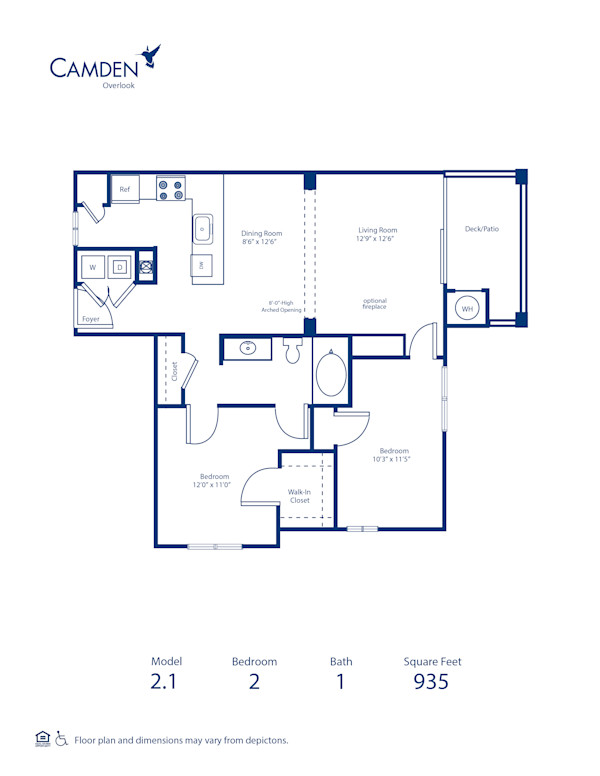 Blueprint of 2.1 Floor Plan, 2 Bedrooms and 1 Bathroom at Camden Overlook Apartments in Raleigh, NC
