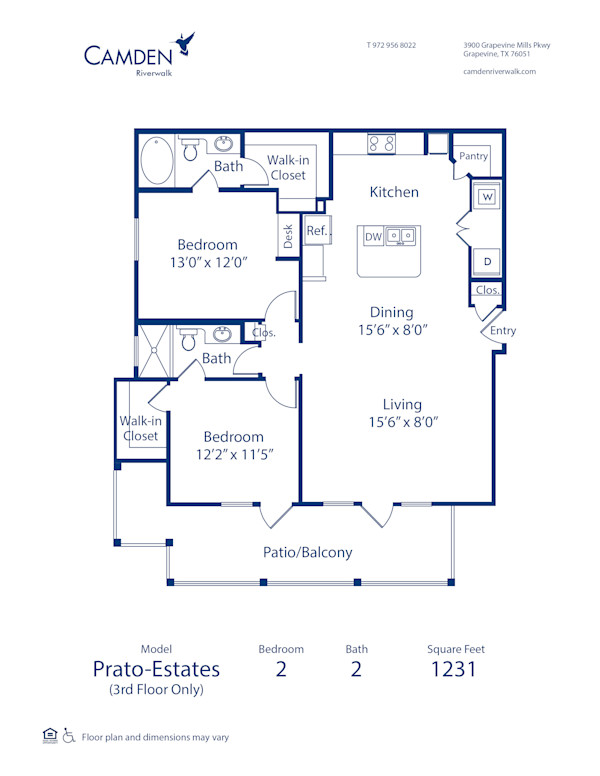 Blueprint of Prato Estates Floor Plan, 2 Bedrooms and 2 Bathrooms at Camden Riverwalk Apartments in Grapevine, TX