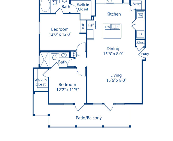 Blueprint of Prato Estates Floor Plan, 2 Bedrooms and 2 Bathrooms at Camden Riverwalk Apartments in Grapevine, TX