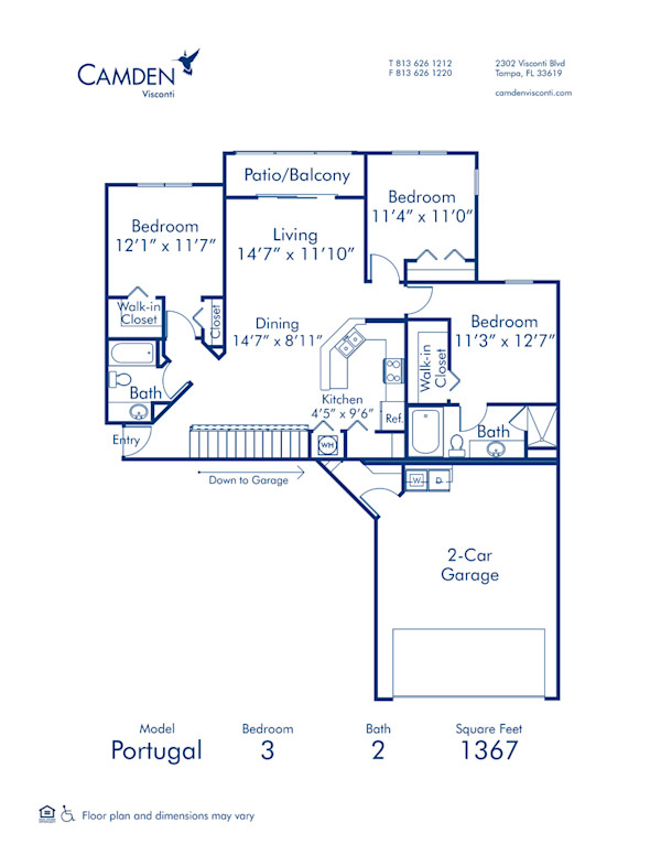 Blueprint of Portugal Floor Plan, 3 Bedrooms and 2 Bathrooms at Camden Visconti Apartments in Tampa, FL