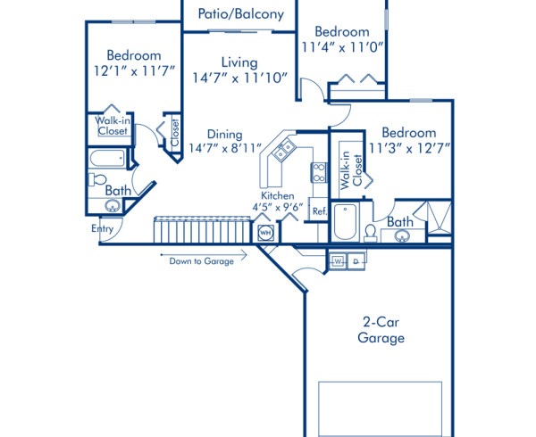 Blueprint of Portugal Floor Plan, 3 Bedrooms and 2 Bathrooms at Camden Visconti Apartments in Tampa, FL