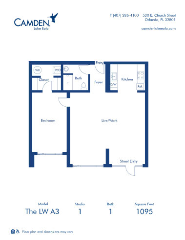 Camden Lake Eola apartments in Downtown Orlando, FL, studio, one bathroom, live/work floor plan LW A3