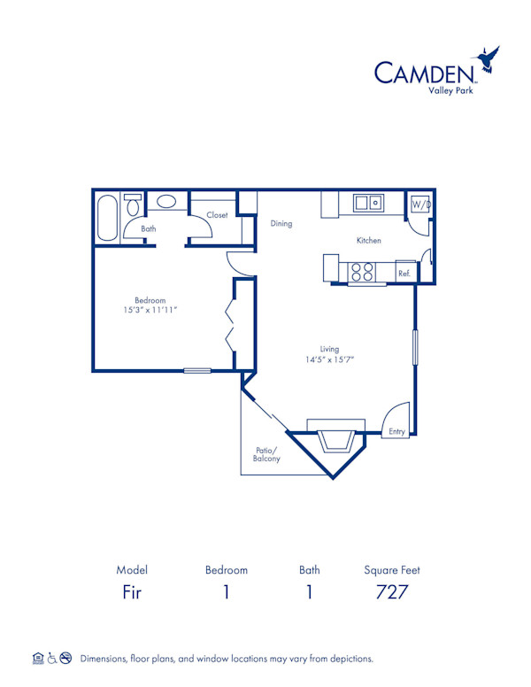 Blueprint of F Floor Plan, 1 Bedroom and 1 Bathroom at Camden Valley Park Apartments in Irving, TX
