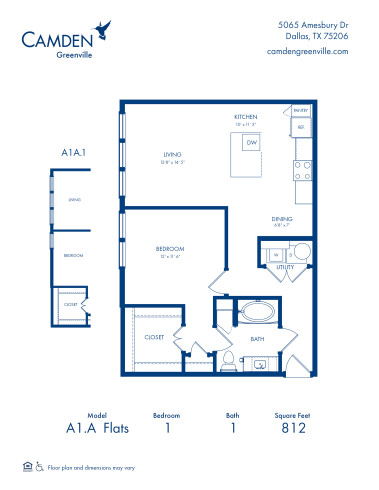 Camden Greenville Apartments, Dallas, TX, A1A Flats Floor Plan, One Bedroom-One Bathroom 