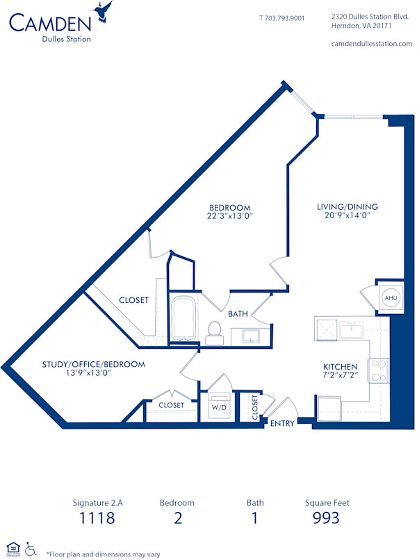 Blueprint of Signature 2.A Floor Plan, 2 Bedrooms and 1 Bathroom at Camden Dulles Station Apartments in Herndon, VA