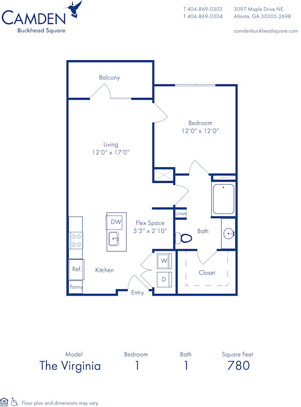 Blueprint of Virginia Floor Plan, 1 Bedroom and 1 Bathroom at Camden Buckhead Square Apartments in Atlanta, GA