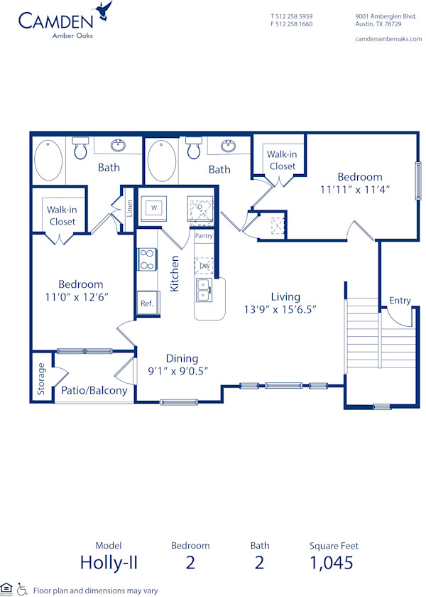 Blueprint of Holly - II Floor Plan, 2 Bedrooms and 2 Bathrooms at Camden Amber Oaks II Apartments in Austin, TX