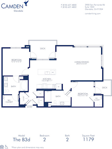 Blueprint B3d Floor Plan, Apartment Home with 2 Bedrooms and 2 Bathrooms at Camden Glendale in Glendale, CA