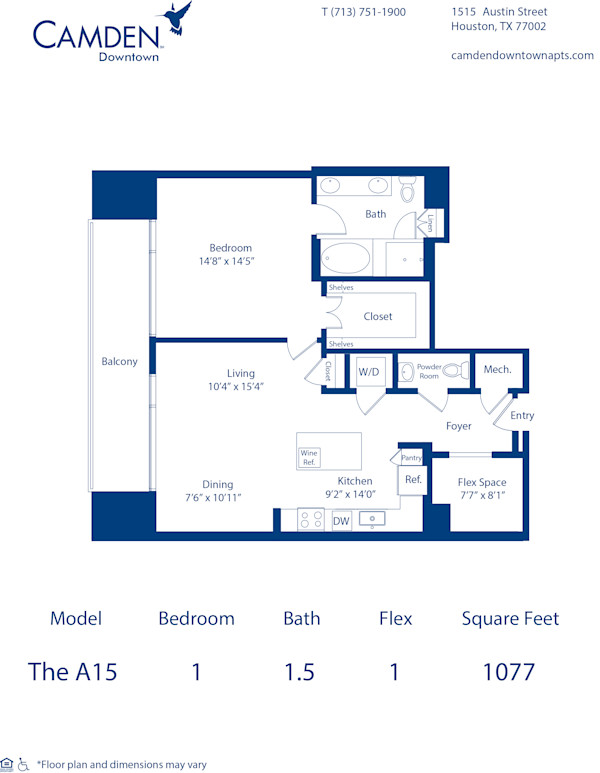Camden Downtown Houston apartments one bedroom floor plan A15