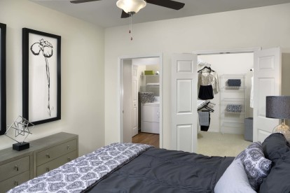 Spacious bedroom with walk-in closet and full-size washer and dryer