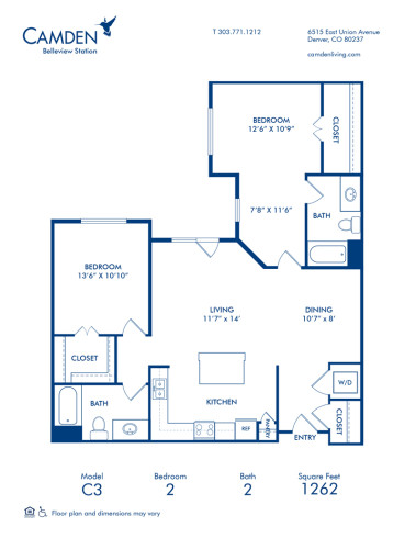 Blueprint of C3 Floor Plan, 2 Bedrooms and 2 Bathrooms at Camden Belleview Station Apartments in Denver, CO