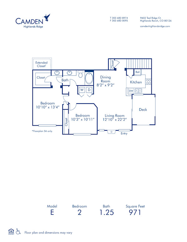 Blueprint of E Floor Plan, Apartment Home with 2 Bedrooms and 1.25 Bathrooms at Camden Highlands Ridge in Highlands Ranch, CO
