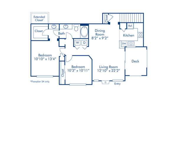 Blueprint of E Floor Plan, Apartment Home with 2 Bedrooms and 1.25 Bathrooms at Camden Highlands Ridge in Highlands Ranch, CO