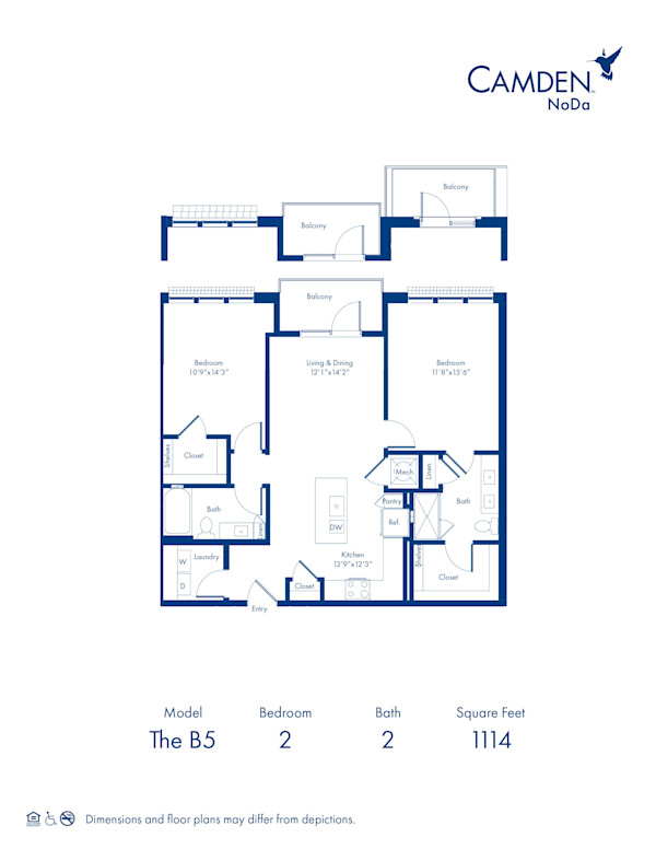The B5 floor plan, 2 bed, 2 bath at Camden NoDa Apartments in Charlotte, NC