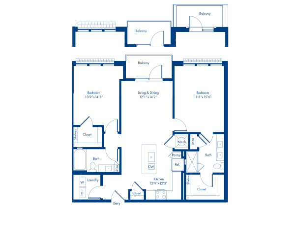 The B5 floor plan, 2 bed, 2 bath at Camden NoDa Apartments in Charlotte, NC