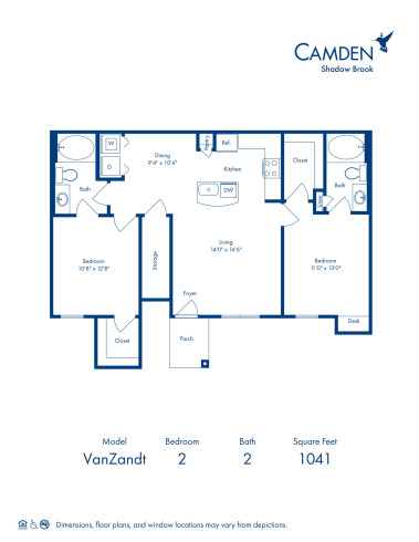 Blueprint of Van Zandt Floor Plan, 2 Bedrooms and 2 Bathrooms at Camden Shadow Brook Apartments in Austin, TX