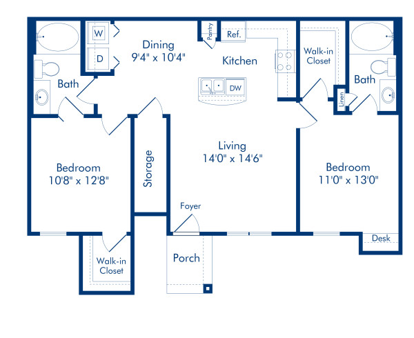 Blueprint of Van Zandt Floor Plan, 2 Bedrooms and 2 Bathrooms at Camden Shadow Brook Apartments in Austin, TX