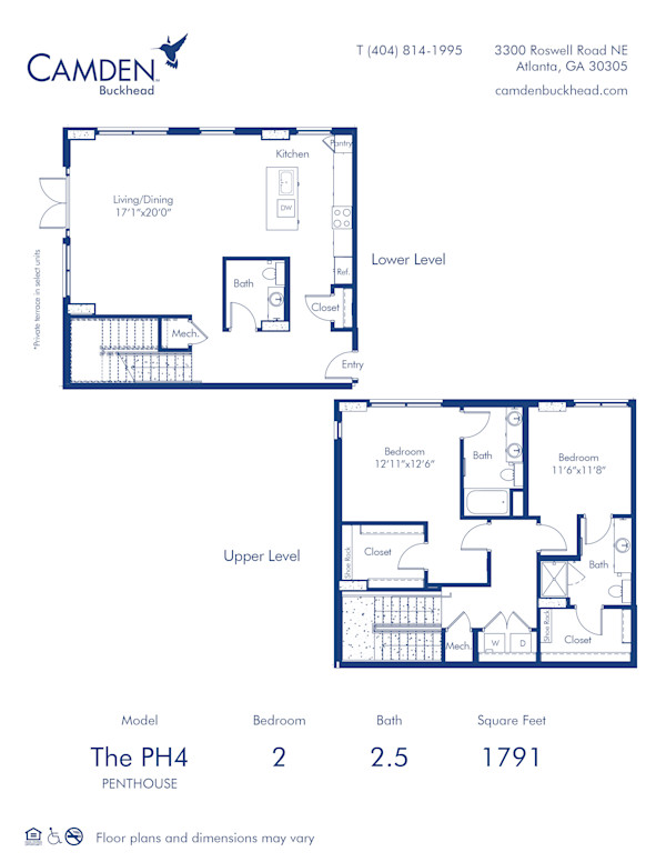 Camden Buckhead apartments in Atlanta, GA, 2 bed, 2.5 bath floor plan PH4