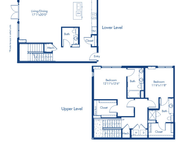 Camden Buckhead apartments in Atlanta, GA, 2 bed, 2.5 bath floor plan PH4