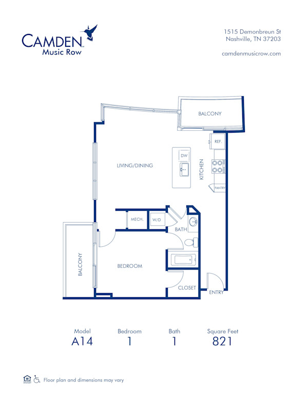 Blueprint of A14 Floor Plan, 1 Bedroom and 1 Bathroom at Camden Music Row Apartments in Nashville, TN