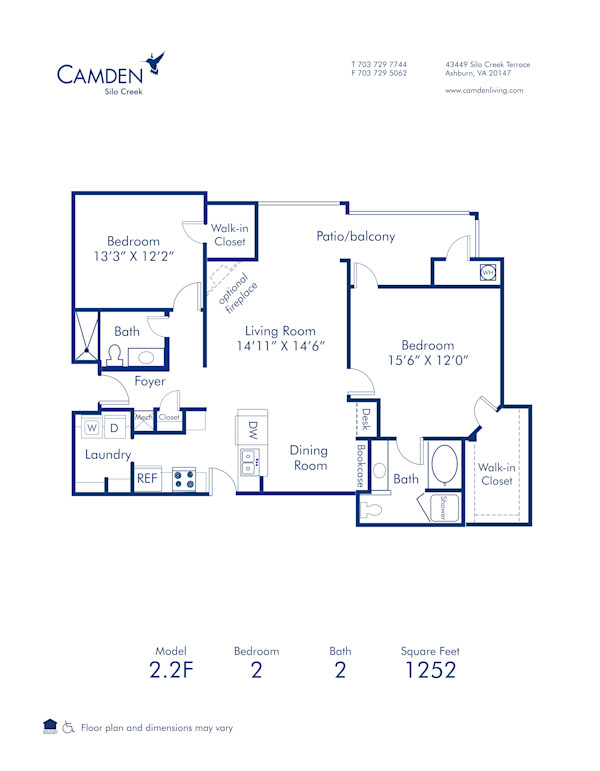 Blueprint of 2.2F Floor Plan, 2 Bedrooms and 2 Bathrooms at Camden Silo Creek Apartments in Ashburn, VA