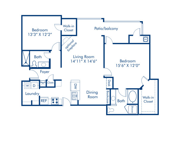 Blueprint of 2.2F Floor Plan, 2 Bedrooms and 2 Bathrooms at Camden Silo Creek Apartments in Ashburn, VA