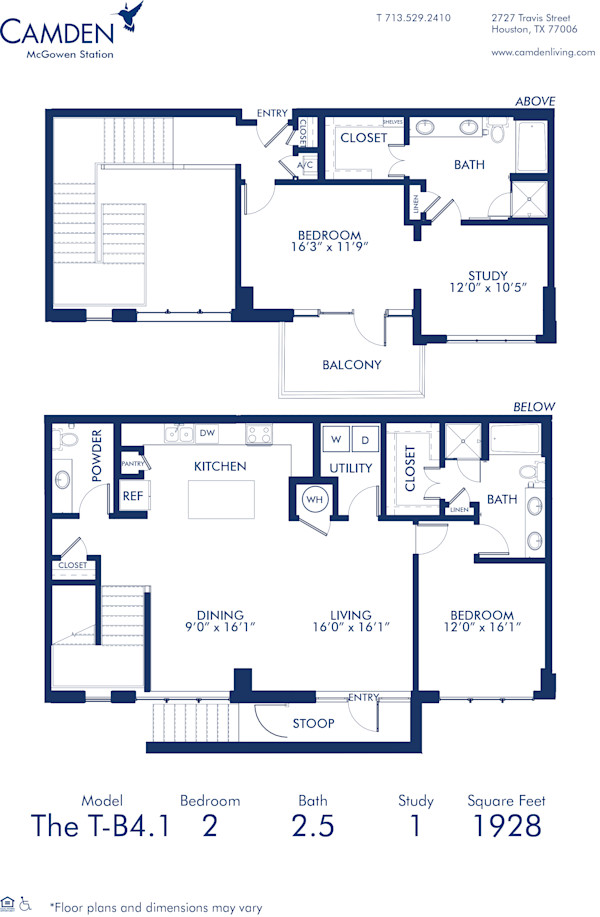 Blueprint of T-B4.1 Floor Plan at Camden McGowen Station Two Bedroom Townhomes in Midtown Houston
