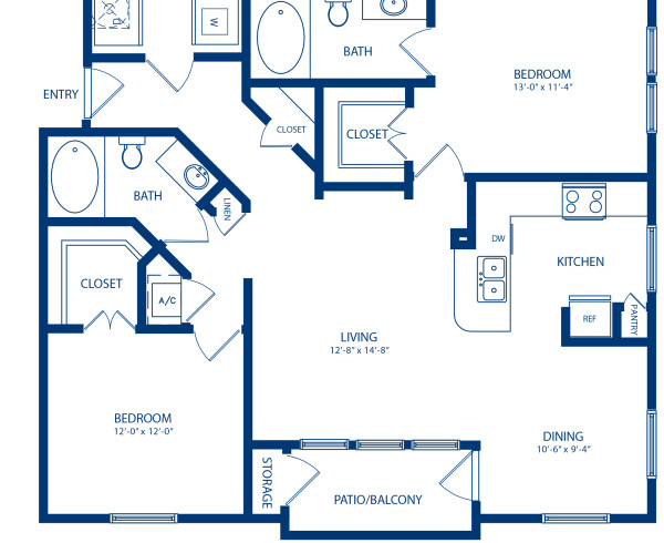 Blueprint of Magnolia Floor Plan, 2 Bedrooms and 2 Bathrooms at Camden Cedar Hills Apartments in Austin, TX